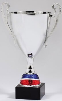 Silver Metal Cup With Blue/Red Pedestal On Genuine Black Marble Base